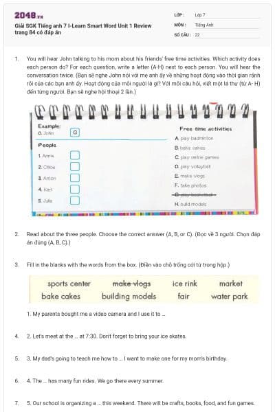 Giải SGK Tiếng anh 7 I-Learn Smart Word Unit 1 Review trang 84 có đáp án