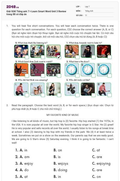 Giải SGK Tiếng anh 7 I-Learn Smart Word Unit 3 Review trang 88 có đáp án