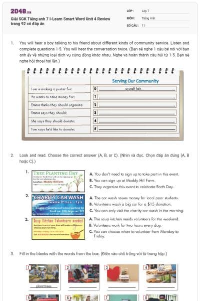 Giải SGK Tiếng anh 7 I-Learn Smart Word Unit 4 Review trang 92 có đáp án