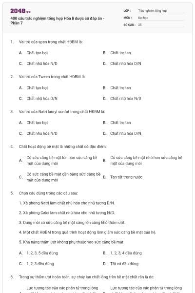 400 câu trắc nghiệm tổng hợp Hóa lí dược có đáp án - Phần 7