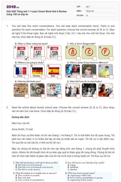 Giải SGK Tiếng anh 7 I-Learn Smart Word Unit 6 Review trang 100 có đáp án