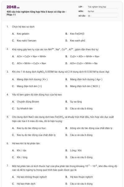 400 câu trắc nghiệm tổng hợp Hóa lí dược có đáp án - Phần 11