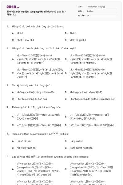 400 câu trắc nghiệm tổng hợp Hóa lí dược có đáp án - Phần 12