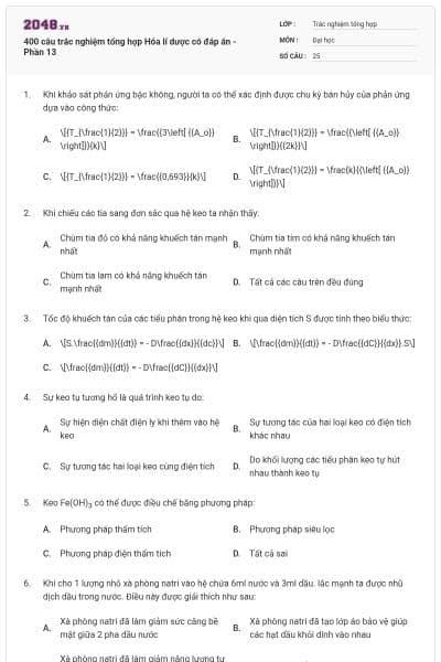 400 câu trắc nghiệm tổng hợp Hóa lí dược có đáp án - Phần 13