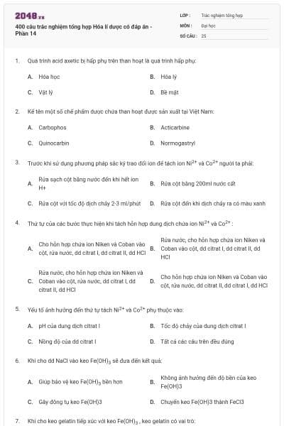 400 câu trắc nghiệm tổng hợp Hóa lí dược có đáp án - Phần 14