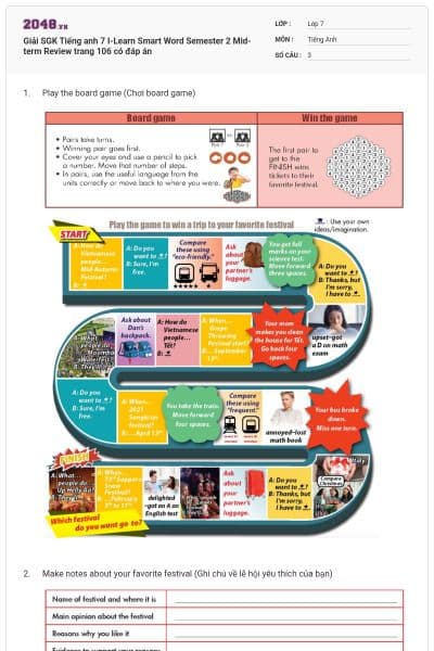 Giải SGK Tiếng anh 7 I-Learn Smart Word Semester 2 Mid-term Review trang 106 có đáp án