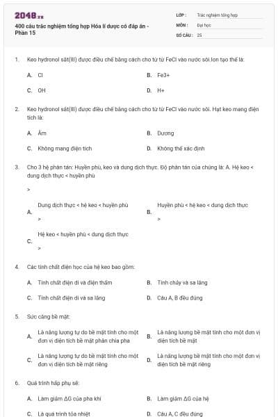 400 câu trắc nghiệm tổng hợp Hóa lí dược có đáp án - Phần 15