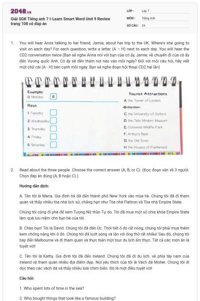 Giải SGK Tiếng anh 7 I-Learn Smart Word Unit 9 Review trang 108 có đáp án