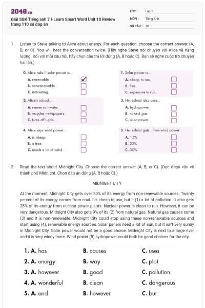 Giải SGK Tiếng anh 7 I-Learn Smart Word Unit 10 Review trang 110 có đáp án