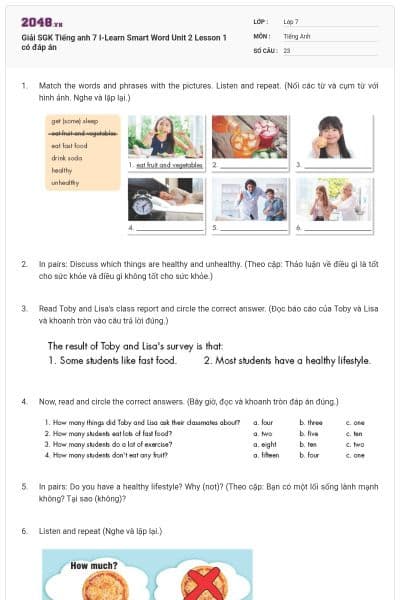 Giải SGK Tiếng anh 7 I-Learn Smart Word Unit 2 Lesson 1 có đáp án