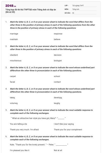 Tổng hợp đề thi thử THPTQG môn Tiếng Anh có đáp án (Đề số 20)
