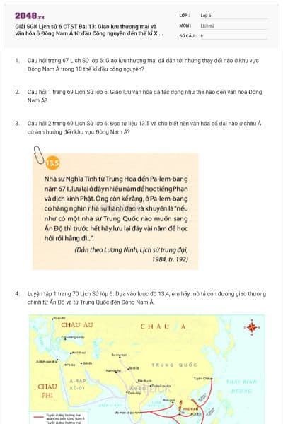 Giải SGK Lịch sử 6 CTST Bài 13: Giao lưu thương mại và văn hóa ở Đông Nam Á từ đầu Công nguyên đến thế kỉ X có đáp án