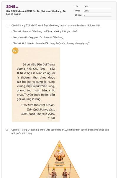 Giải SGK Lịch sử 6 CTST Bài 14: Nhà nước Văn Lang, Âu Lạc có đáp án