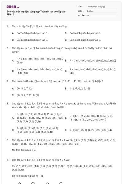 540 câu trắc nghiệm tổng hợp Toán rời rạc có đáp án - Phần 6