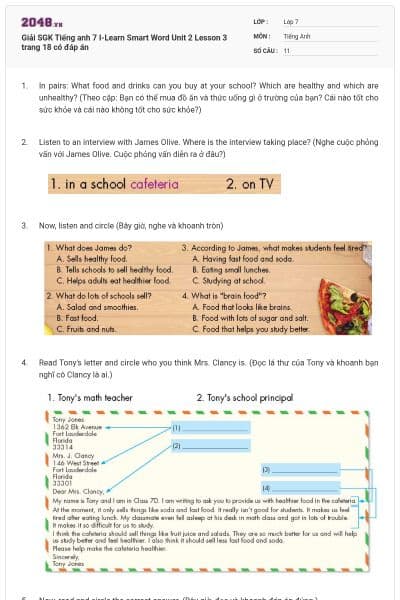 Giải SGK Tiếng anh 7 I-Learn Smart Word Unit 2 Lesson 3 trang 18 có đáp án