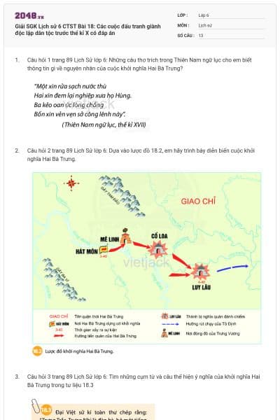 Giải SGK Lịch sử 6 CTST Bài 18: Các cuộc đấu tranh giành độc lập dân tộc trước thể kỉ X có đáp án