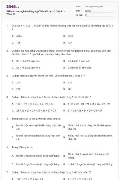 540 câu trắc nghiệm tổng hợp Toán rời rạc có đáp án - Phần 10