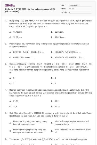 Đề Ôn thi THPTQG 2019 Hóa Học cơ bản, nâng cao có lời giải chi tiết (P9)