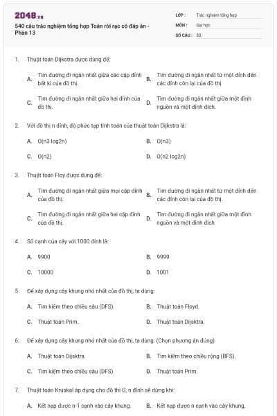 540 câu trắc nghiệm tổng hợp Toán rời rạc có đáp án - Phần 13