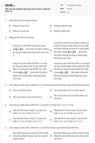 540 câu trắc nghiệm tổng hợp Toán rời rạc có đáp án - Phần 15