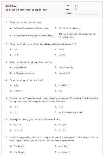 Đề thi Học kì 1 Toán 7 CTST có đáp án (Đề 2)