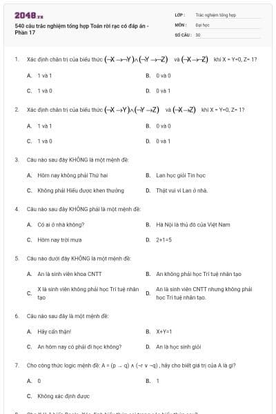 540 câu trắc nghiệm tổng hợp Toán rời rạc có đáp án - Phần 17