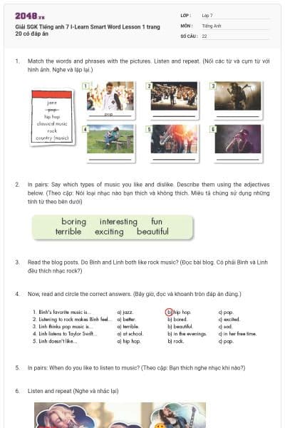 Giải SGK Tiếng anh 7 I-Learn Smart Word Lesson 1 trang 20 có đáp án