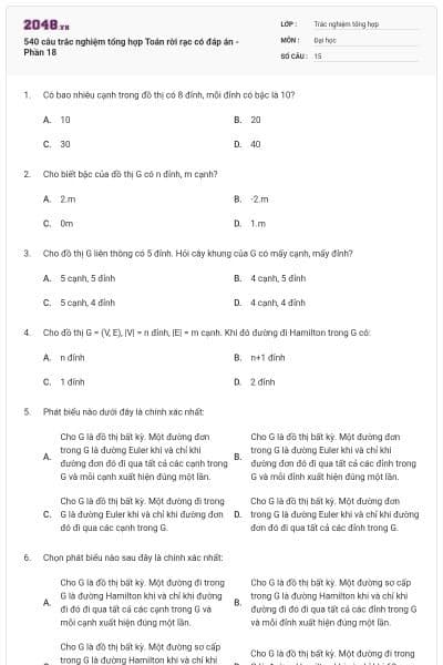 540 câu trắc nghiệm tổng hợp Toán rời rạc có đáp án - Phần 18