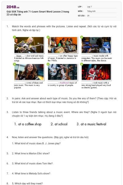 Giải SGK Tiếng anh 7 I-Learn Smart Word Lesson 2 trang 23 có đáp án