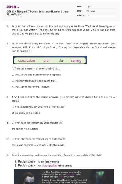 Giải SGK Tiếng anh 7 I-Learn Smart Word Lesson 3 trang 26 có đáp án