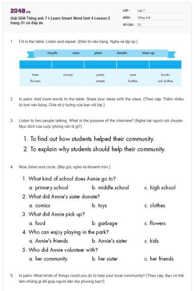 Giải SGK Tiếng anh 7 I-Learn Smart Word Unit 4 Lesson 2 trang 31 có đáp án