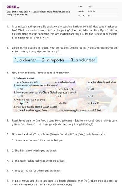 Giải SGK Tiếng anh 7 I-Learn Smart Word Unit 4 Lesson 3 trang 34 có đáp án