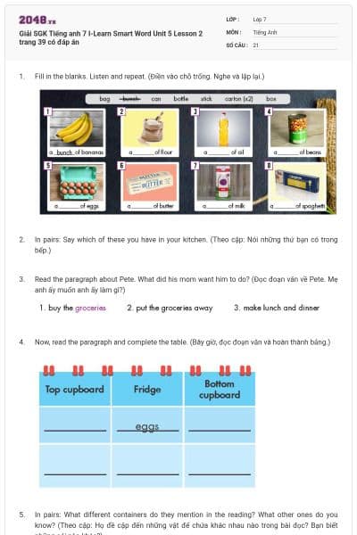 Giải SGK Tiếng anh 7 I-Learn Smart Word Unit 5 Lesson 2 trang 39 có đáp án