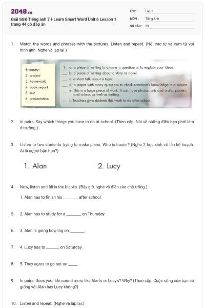 Giải SGK Tiếng anh 7 I-Learn Smart Word Unit 6 Lesson 1 trang 44 có đáp án