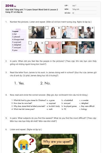 Giải SGK Tiếng anh 7 I-Learn Smart Word Unit 6 Lesson 2 trang 47 có đáp án