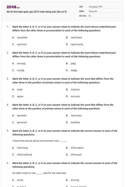 Đề thi thử thpt quốc gia 2019 môn tiếng anh (Đề số 5)