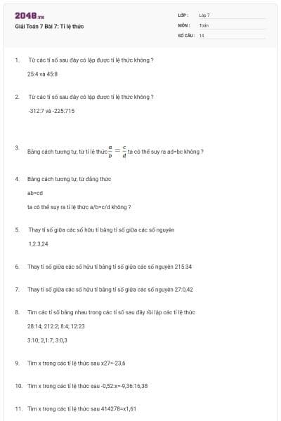 Giải Toán 7 Bài 7: Tỉ lệ thức