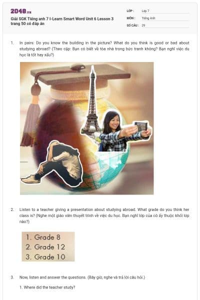 Giải SGK Tiếng anh 7 I-Learn Smart Word Unit 6 Lesson 3 trang 50 có đáp án