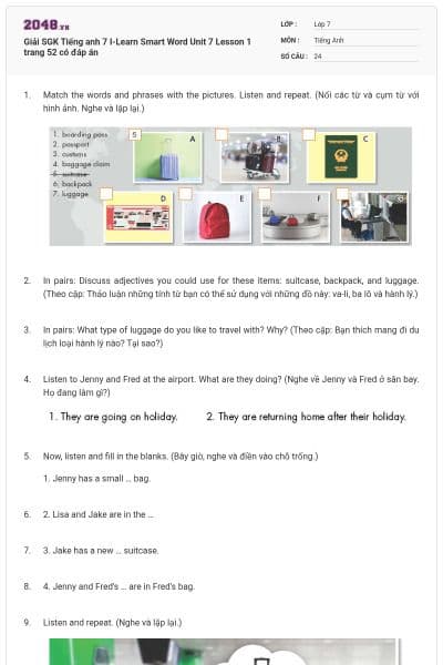 Giải SGK Tiếng anh 7 I-Learn Smart Word Unit 7 Lesson 1 trang 52 có đáp án