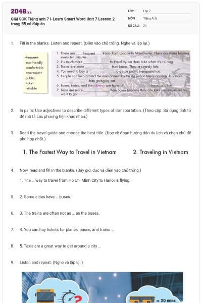 Giải SGK Tiếng anh 7 I-Learn Smart Word Unit 7 Lesson 2 trang 55 có đáp án