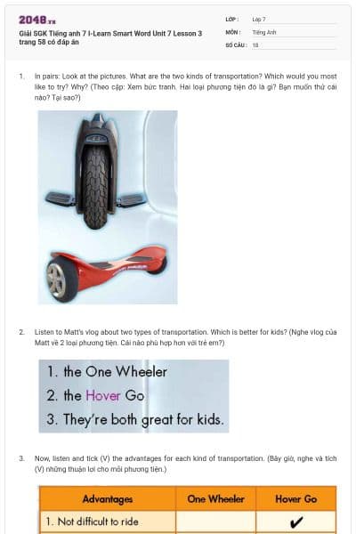 Giải SGK Tiếng anh 7 I-Learn Smart Word Unit 7 Lesson 3 trang 58 có đáp án