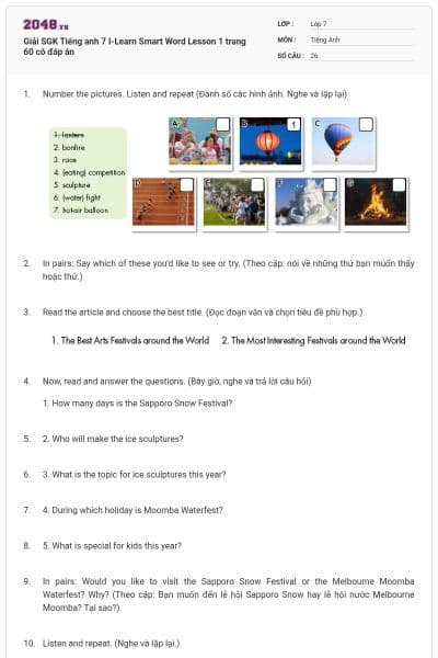 Giải SGK Tiếng anh 7 I-Learn Smart Word Lesson 1 trang 60 có đáp án