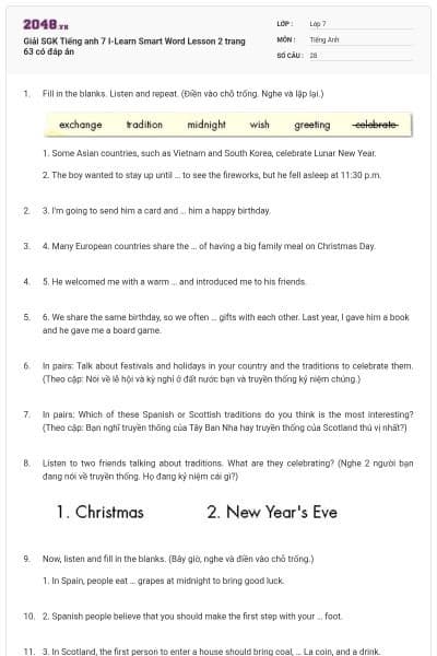 Giải SGK Tiếng anh 7 I-Learn Smart Word Lesson 2 trang 63 có đáp án