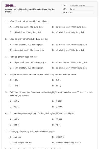 860 câu trắc nghiệm tổng hợp Hóa phân tích có đáp án - Phần 2
