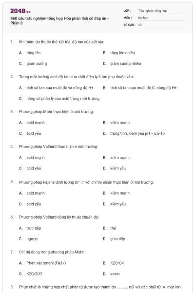 860 câu trắc nghiệm tổng hợp Hóa phân tích có đáp án - Phần 3
