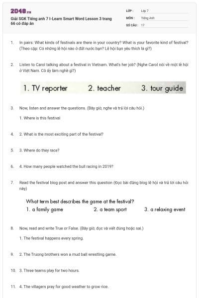 Giải SGK Tiếng anh 7 I-Learn Smart Word Lesson 3 trang 66 có đáp án