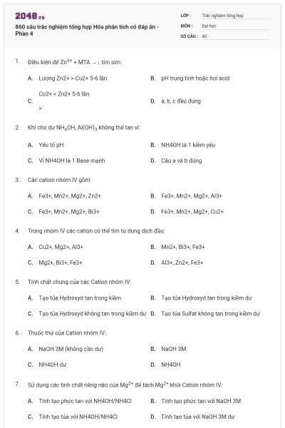 860 câu trắc nghiệm tổng hợp Hóa phân tích có đáp án - Phần 4