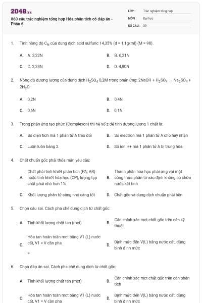 860 câu trắc nghiệm tổng hợp Hóa phân tích có đáp án - Phần 6