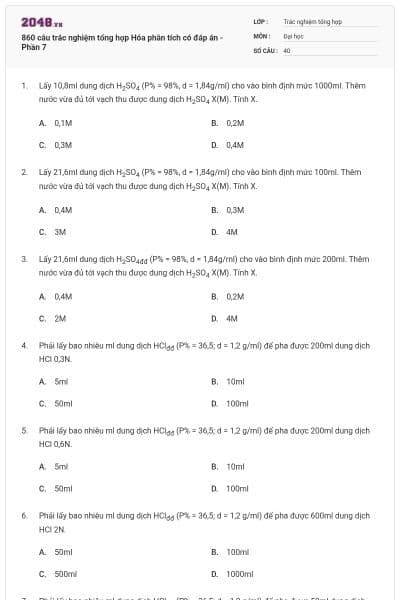 860 câu trắc nghiệm tổng hợp Hóa phân tích có đáp án - Phần 7