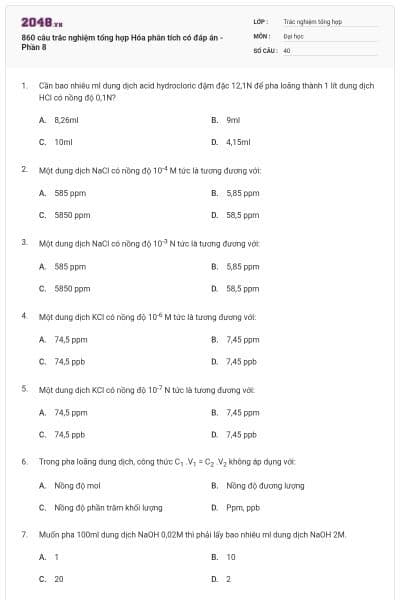 860 câu trắc nghiệm tổng hợp Hóa phân tích có đáp án - Phần 8